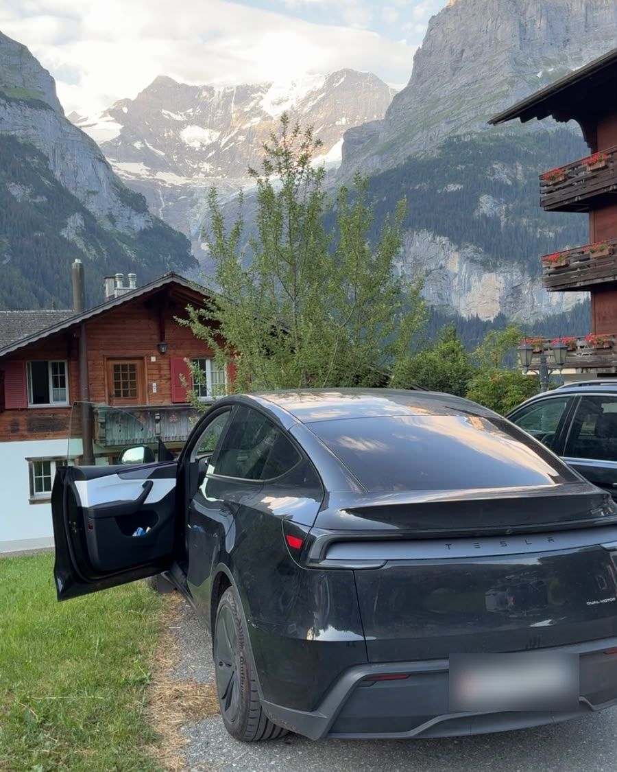 Tesla noire devant les montagnes
